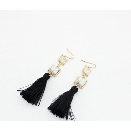 White Howlite Stone Light Yellow Gold Color Square Shape Opalite Opal Drop Earrings with Tassels Jewelry