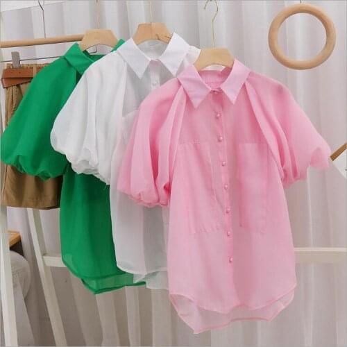 2021 Korea style girls puff sleeve shirt chiffon fashion summer girls top 3-8t B370