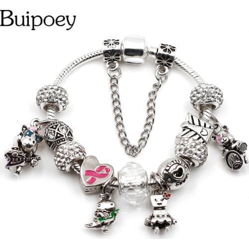 Buipoey New Fashion Punk Band Pendant Flower Fairy Bella Dinosaur Animal Charm Heart-shaped Bow Beaded Bracelet Bangle Female