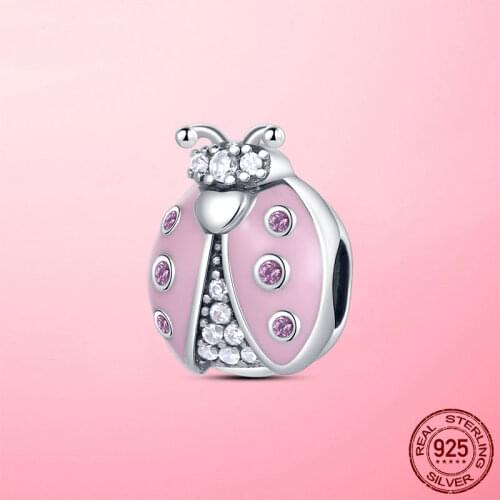 Ladybug Beads 925 Sterling Silver Pink Enamel Ladybug Charms fit for Original Pandora Bracelet Bangle Silver 925 Jewelry Making