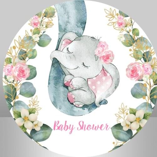 Baby Elephant Round Backdrop Cover Circle Flower Baby Shower Birthday Party Decor Cake Table Banner Photo Booth Girl Background