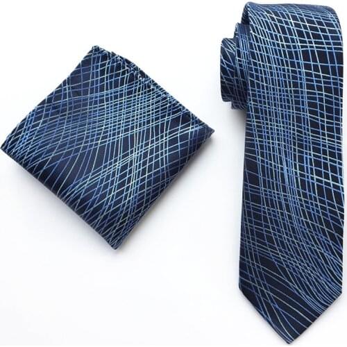 Mens Ties Set Designer Blue Necktie Pocket Square Sets for Man