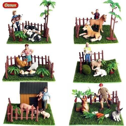 Oenux Simulation Farm Animals Pig Sheep Horse Cow Rabbit Action Figure Poultry Animal Farm House Miniature Model Toy Kids Gift