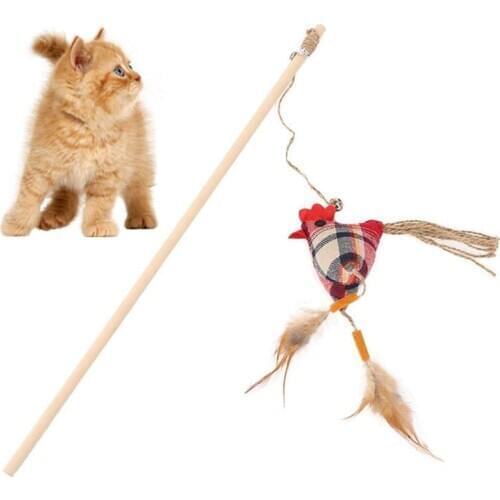 40cm Cat Toy Feather Cat Wand Wooden Cat Teaser Wand Kitte Toy with Bell Cat Catcher Teaser Stick Cat Interactive Toys for Cats