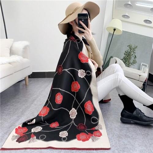 Classic Autumn and Winter Camellia Imitation Cashmere Scarf Korean Fashion Warm Thickened Shawl Floral Adult Outdoor Winter