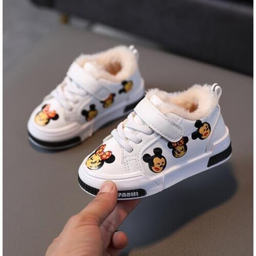 Girls Boys Mickey Sport Shoes Childrens Snow Boots winter Kids soft non-slip cotton-padded shoes kids warm fur sneakers