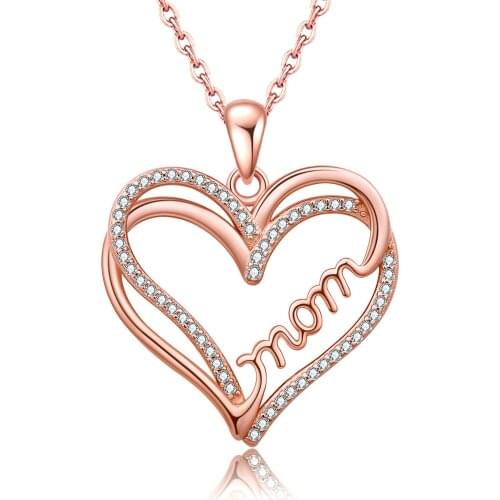 Love Heart Mom Necklace Sterling Silver Rose Gold Heart Pendant Necklace Birthday and Mothers Day Jewelry Gift for Women