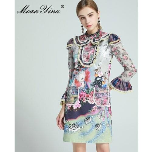 MoaaYina Fashion Designer dress Spring Womens Dress Long Sleeve Beaded Ruffles Cartoons Floral-Print Dresses