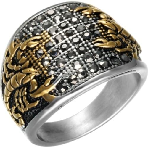 Punk Vintage Black Crystal Scorpion Pattern Mens Ring Gold Color Round Titanium Rings for Men Jewelry