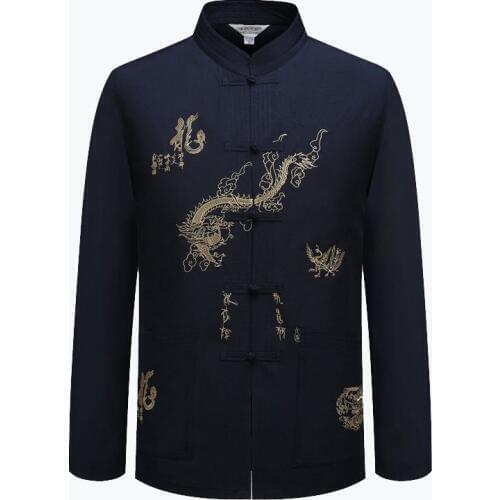 Mens Long Sleeve FrockTraditional Chinese Embroider Dragon Tang Suit Clothing Kung Fu Jacket Coat YZT0830