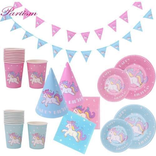 1Set Pink/Blue Unicorn Party Disposable Tableware Balloons Paper Napkin /Plate/Cup Baby Shower Kids Birthday Decoration Supplies