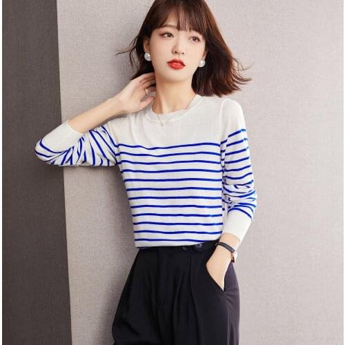 2021 Autumn Striped Sweaters Women Stretch Causal Knitted Pullovers Thin O-neck Tops Korean Streetwear Female Clothing Coat
