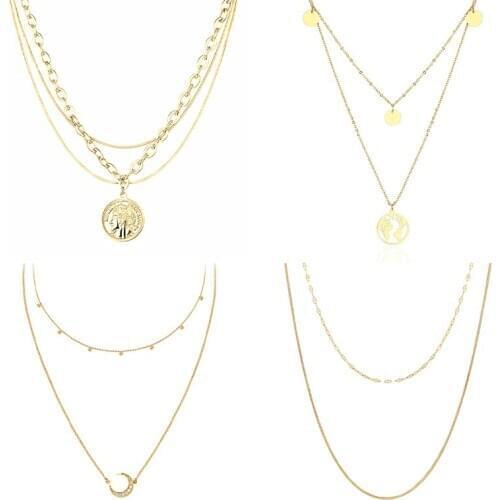 Stainless steel necklace world map pendant necklace ladies round vintage bohemian coin collar jewelry ladies multilayer necklace