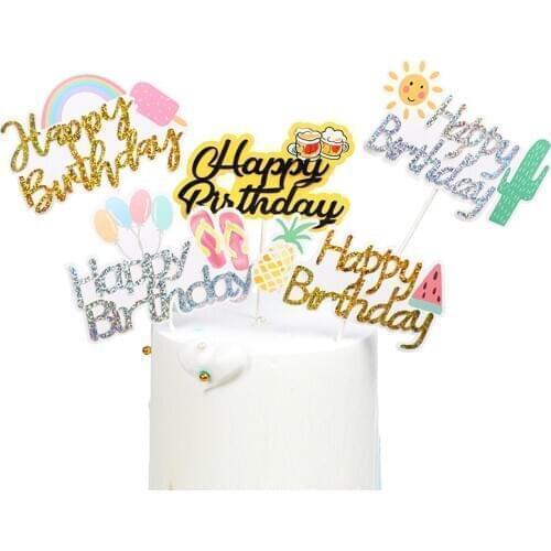 Rainbow Happy Birthday Cake Topper Cute Summer Fruits Plants Cupcake Topper For Kids Birthday Party Cake Decorations Baby Shower