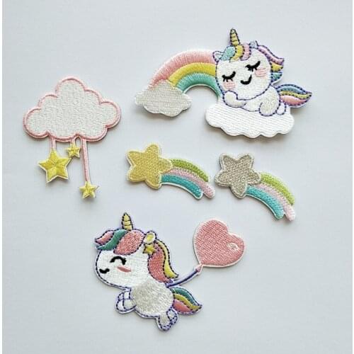 Self-adhesive Cartoon Unicorn Rainbow Star Embroidery Iron Patches for Clothing Sticker on Clothes Hole Repair Appliques Stripes