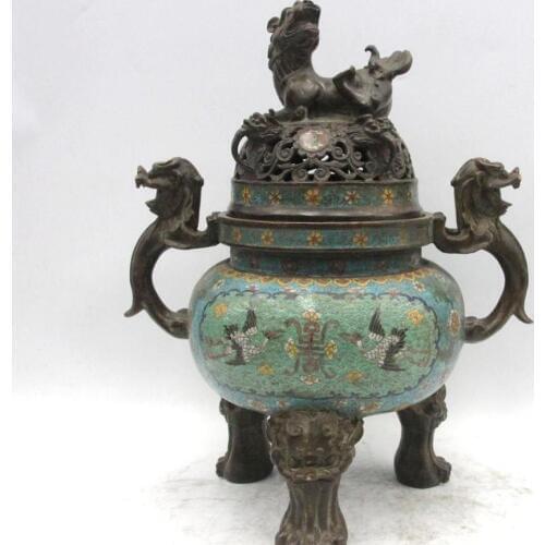 Tibet Bronze Cloisonne Enamel Two Dragon Lug Foo Dog Lion Incense burner Censer