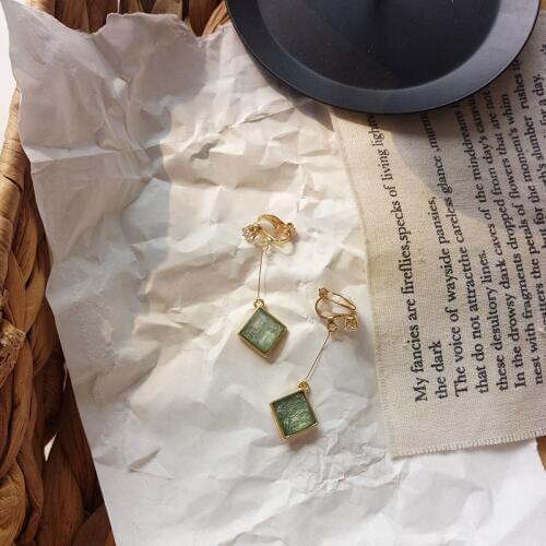 Japanese Retro Simple Elegant Square Glass Green Stone Clip On Earrings Without Piercing for Women Lady Party Event Bricnos