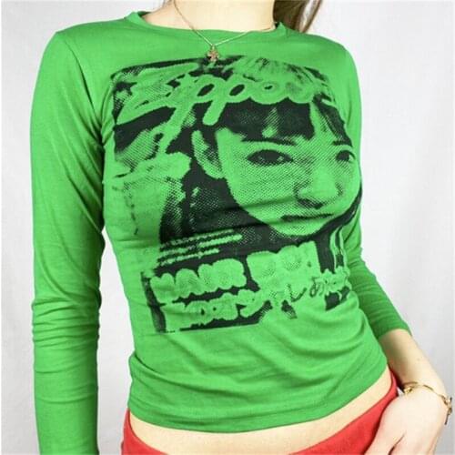 Women Long-sleeved T-shirt with Trendy Portrait Pattern Street Style Autumn Skinny Fit Sexy Navel Clothing White/Red/Blue/Green