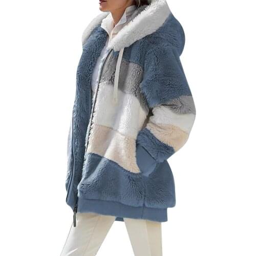 Women Plus Size Winter Warm Casual Loose Plush Zip Hooded Jacket Coat Ladies Mixed Color Patchwork Faux Fur Winter Outwear G4