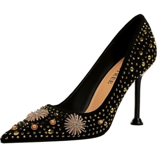 European and American style retro high heels suede shallow pointed toe rhinestone metal sexy womens shoes 9.5cm