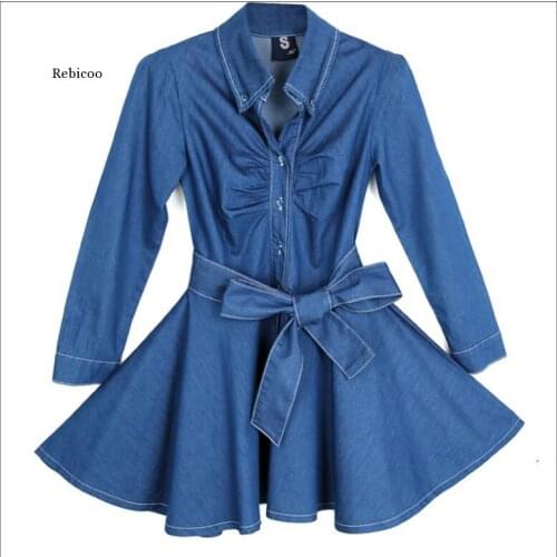 Women Denim Dress Bowknot Belt Long Sleeve Dresses Fashion Women Slim Fit Blue Jean Dress