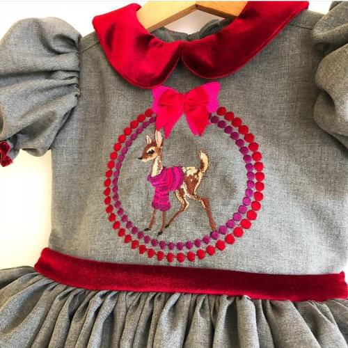 0-12Y Baby Girl Autumn Winter Grey Deer Embroisery Vintage Spanish Princess Ball Gown Dress for Christmas Eid Causal