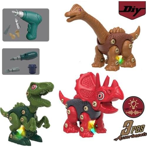 Hahowa 3pcs Dinosaur Assemble Toy With Light And Sound Children Diy Simulation Animal Model Kits Educational Toys Gifts For Kids