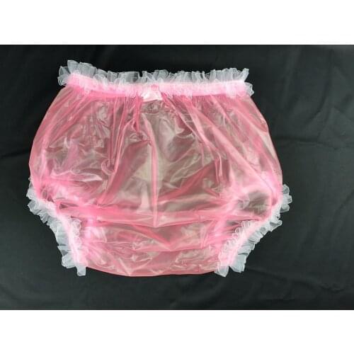 ABDL Adult Incontinence Pull-on Plastic Pants Lace Panties Color Transparent Pink With White Lace P006A-5
