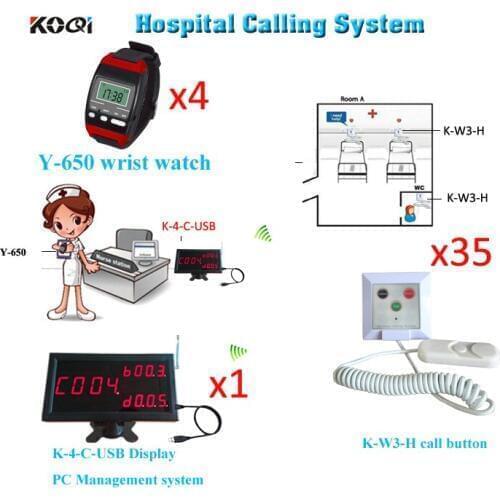 Wireless Nurse Call Bell System Health Center 1x LED Display K-4-C-USB +35x Call Button K-W3-H+ 4xWrist Watch