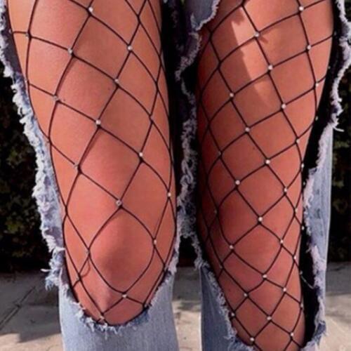 Sparkle Diamonds Tight Fishnet Pantyhose Black Shiny Women New Fence Net Stockings Hollow Out Plus Size Fashion For Sexy Ladies
