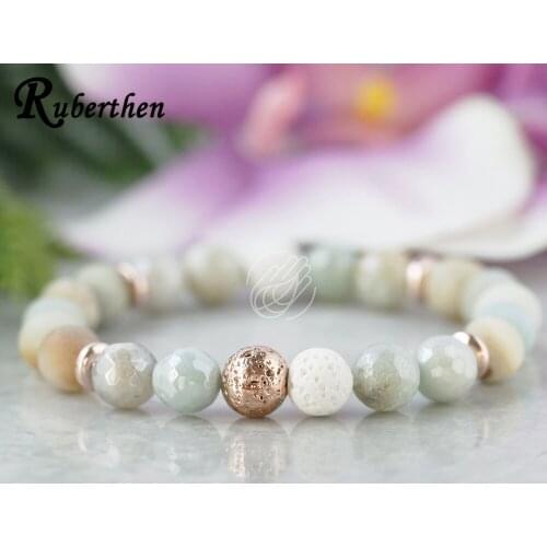 Ruberthen Amazonite Rose Color Lava Stone Bracelet High Quality Essential Oil Diffuser Bracelet Anxiety Relief Aromatherapy