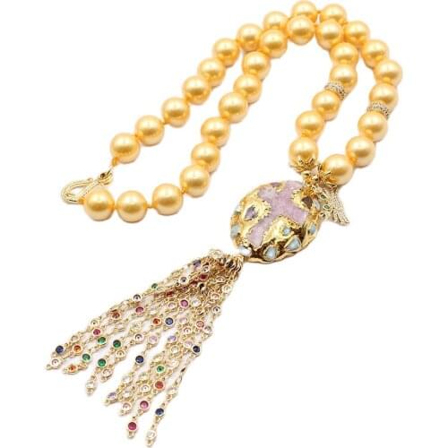 GG Jewelry Natural Golden Shell Pearl Necklace Electroplate Pink Cross Quartz Larimar CZ Chain Pendant Crab Charms For Women