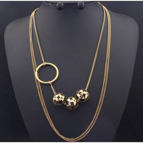 Sweater Chains Gold Color Necklace Ball Pendant & Stud Earrings Fashion Stainless Steel Jewelry Sets For Women SEDZAODA