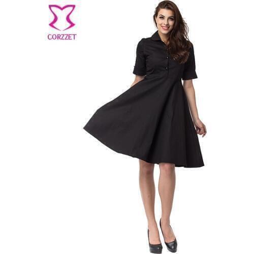 Black / Red Cotton Half Sleeves Hepburn Dress With Belt Woman Dresses Autumn 2016 Rockabilly Dress Vestidos Mujer