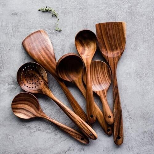Thailand Teak Natural Wood Tableware Spoon Ladle Turner Long Rice Colander Soup Skimmer Cooking Spoons Scoop Kitchen Tool Set