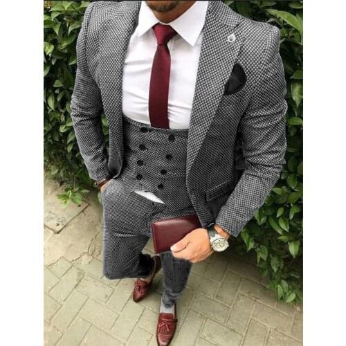 ANNIEBRITNEY Men Slim Fit Grey Plaid Wedding Suit 2020 3 Piece Customize Fashion Groom Wedding Tuxedo Checkered Skinny Prom Suit
