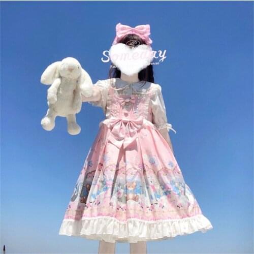 Japanese Sweet Lolita Style Kawaii Soft Girl Ball Gown Party Dress Cute Printing Bow Sleeveless Lace Ruffles JSK Princess Dress