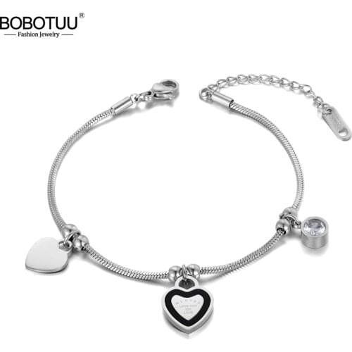 BOBOTUU Trendy CZ Crystal Heart Charm Double Layer Bracelets For Women Stainless Steel Snake Chain Bohemia Beach Jewelry BB19087