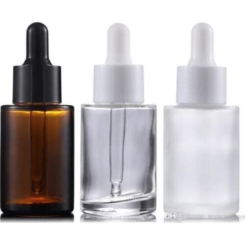 Wholesale 30ml Frosted /Clear /Amber Flat Shoulder Essence Bottles Thick 1OZ Glass Dropper Container with White Black