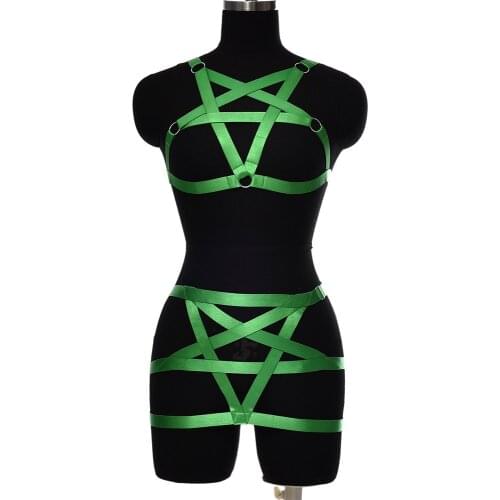 Fashion Green Pentagram Sexy Lingerie Body Harness Set Belt Rave Wear Body Cage Adjust Open Chest Bondage Harness Bra