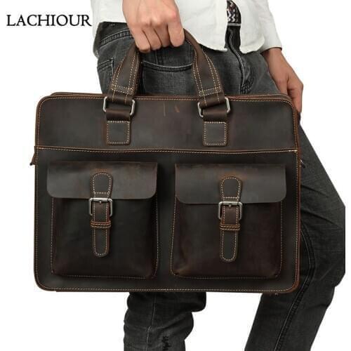 LACHIOUR Business Office CRAZY HORSE Handbag Men Real Genuine Leather Brifecase Vintage Male Ducument Travel Laptop Shoulder Bag