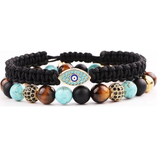 Men Bracelet Set High Quality New Design CZ Pave Eye Charm Natural Stone Bacelet Set For Men Jewelry Gift
