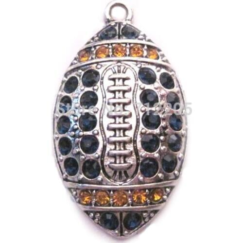 New 100pcs a lot antique silver color zinc alloy studded Football navy blue and yellow gold Crystal sports Pendant