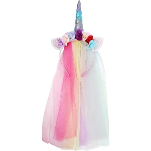 Miss Cute Unicorn Headbands For Girl Princess Tulle Hairbands Crown Artificial flowers Child Hair Accessories Handmade Wholesale