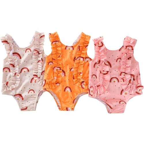 0-3Y Infant Baby Girls Cute Sleeveless Rainbow Print Ruffle Swimsuit Beachwear Bathing Suits Swimwear Toddler Clothing