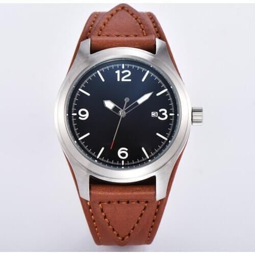 Parnis 44mm Black Dial Mens Mechanical Watch Luminous Waterproof Leather Strap Casual Mens Automatic Watch