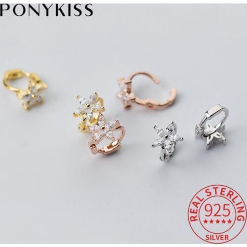 PONYKISS 100% 925 Sterling Silver Flower Zircon Hoop Earrings Women Delicate Fashion Party Jewelry Accessories Girl Lovely Gift