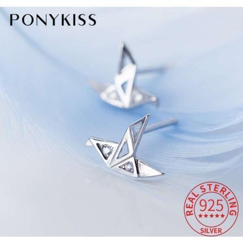 PONYKISS Real 925 Sterling Silver Zircon Thousand Paper Crane Stud Earrings Women Party Chic Earrings Accessory Girl Lovely Gift