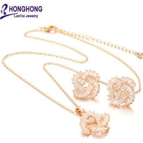 Womens Earring Necklace 2pcs set 3A grade zircon plant flower design two piece set of popular jewelry