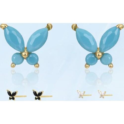 Korea Simple Fashion Women Black White Blue Butterfly Earrings Fresh Cute Gold Fine Needle Stud Earrings Girl Daily Wear Jewelry
